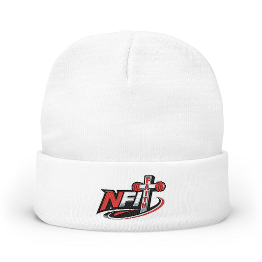Embroidered 'NFIT' Cross Knit Beanie – Warm Black Cuffed Hat