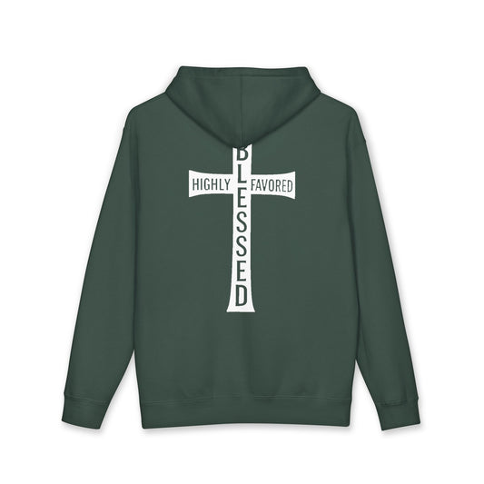 Blessed Cross Hoodie — "Highly Favored, Blessed" Religious Hooded Sweatshirt