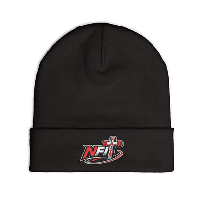 Embroidered 'NFIT' Cross Knit Beanie – Warm Black Cuffed Hat