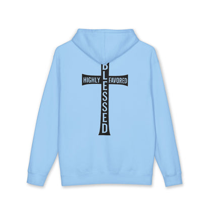 Blessed Cross Hoodie — "Highly Favored, Blessed" Religious Hooded Sweatshirt