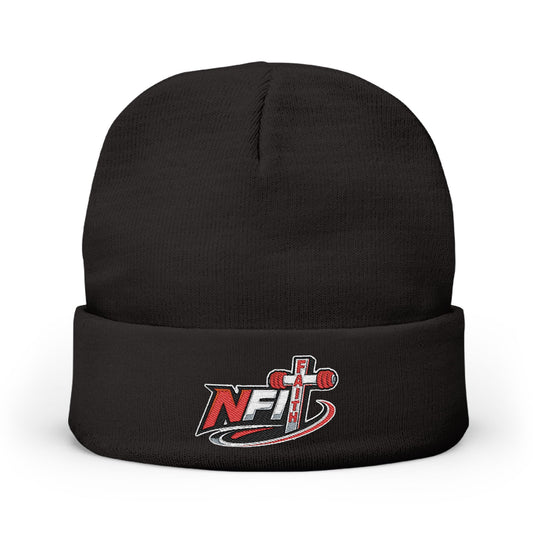 Embroidered 'NFIT' Cross Knit Beanie – Warm Black Cuffed Hat
