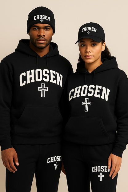 Chosen Cross Hoodie — “Chosen” Christian Pullover with Matthew 22:14 Back Quote