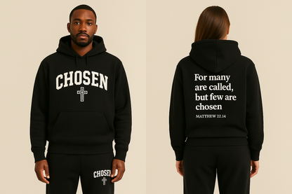 Chosen Cross Hoodie — “Chosen” Christian Pullover with Matthew 22:14 Back Quote