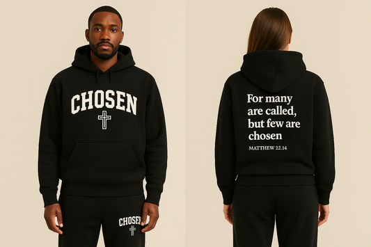Chosen Cross Hoodie — “Chosen” Christian Pullover with Matthew 22:14 Back Quote
