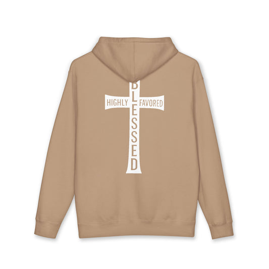 Blessed Cross Hoodie — "Highly Favored, Blessed" Religious Hooded Sweatshirt