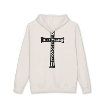 Blessed Cross Hoodie — "Highly Favored, Blessed" Religious Hooded Sweatshirt