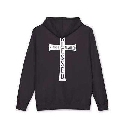Blessed Cross Hoodie — "Highly Favored, Blessed" Religious Hooded Sweatshirt