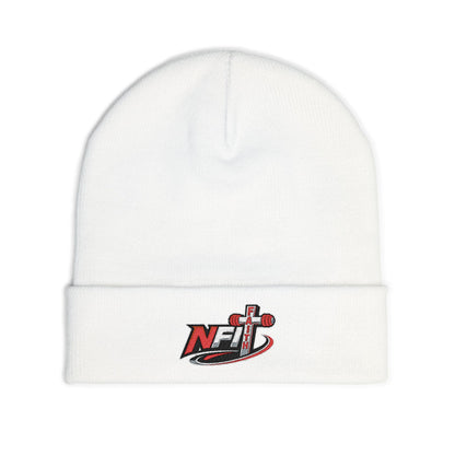 Embroidered 'NFIT' Cross Knit Beanie – Warm Black Cuffed Hat