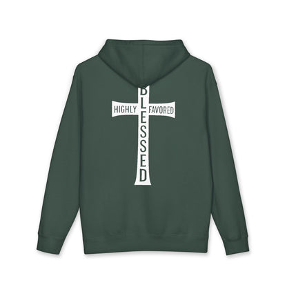 Blessed Cross Hoodie — "Highly Favored, Blessed" Religious Hooded Sweatshirt