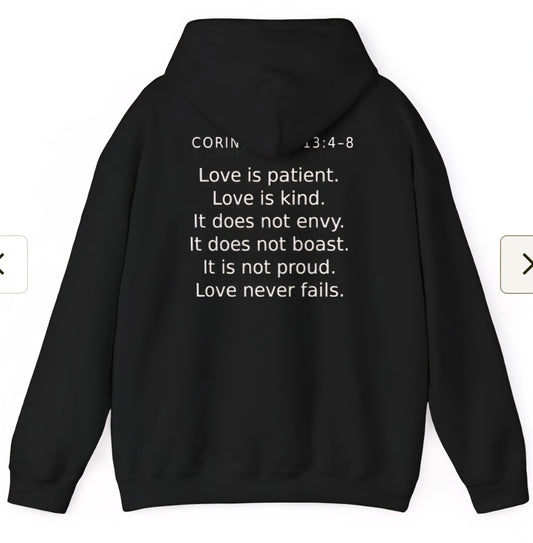 Christian Heart Cross Hoodie — "Love" with 1 Corinthians 13 Verse Back