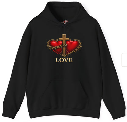Christian Heart Cross Hoodie — "Love" with 1 Corinthians 13 Verse Back